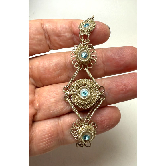 Antique Silesian Wirework Necklace & Bracelet Set Blue Rhinestones Victorian - Picture 5 of 7